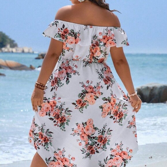 White Boho Women's Plus Size Floral Print Off Shoulder Wrap Hem Dress - Picture 2 of 4